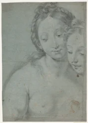 Två kvinnliga huvuden. Studies for the Right Half in Carlo Maratta Painter: Self-Portrait with Marquese Pallavicini, stourhead, National Trust, England (ref. Arte Antica e Moderna, 1961, nr 181)