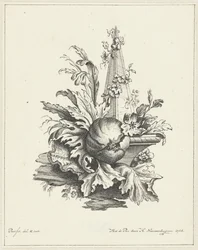 Prydnad med granatäpple med blad och obelisk
