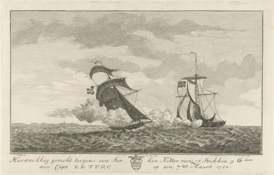 Kamp mot en stark skärare, 1782 Envis kamp mot en stark kotter av 18 stycken (...) av kapten: Le Turc den 7 mars 1782 (titel på objekt)