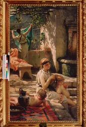 Vid brunnen. (En kvinna sköter sitt barns hår, en annan hänger ut tvätten). Målning av Henryk Siemiradzki (1843-1902), olja på duk