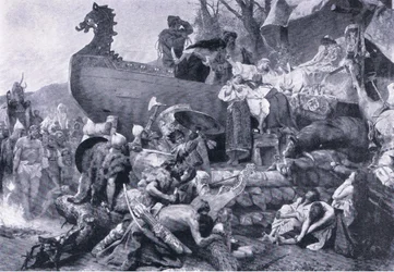 Kremering av en hövding i östra Ryssland från 900-talet, illustration från Landmarks in European History publicerad av Gresham Publishing Co, ca 1920 (litho)