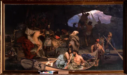 Korsarerna. (Scen där de tar tillbaka sitt byte och sina fångar (gisslan) i en grotta). Målning av Henryk Siemiradzki (1843-1902), olja på duk