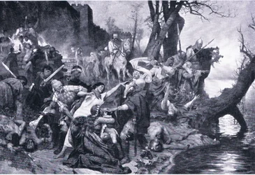 Sviatoslavs krigare vid massakern under Dexters murar (Durostorum), illustration från Landmarks in European History publicerad av Gresham Publishing Co, c.1920 (litho)