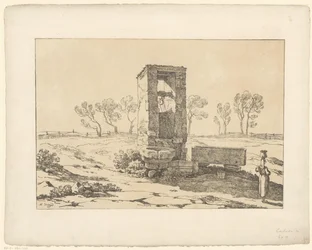 Kvinna vid bra Tentamina Lithographica (serietitel) Italienska landskap (serietitel)