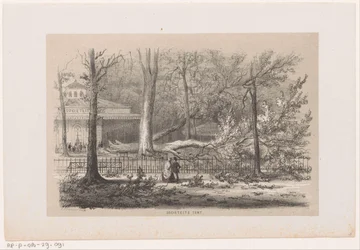 Träd som blåste ner på klubben, efter stormen den 28 maj 1860 Socialt tält (titel på objekt) Album med tio litograferade skisser, föreställande Tooneelen of the Destruction, upprörd av stormen den 28 maj 1860 i 