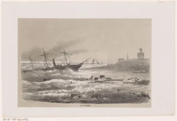 Fartyg i problem på stranden under stormen den 28 maj 1860 The Beach (titel på objekt) Album med tio litograferade skisser, föreställande Tooneelen of the Destruction, agiterad av stormen den 28 maj 1860 i 