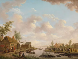 Landskap med fiskare och bönder som bryter torv i ett kärr