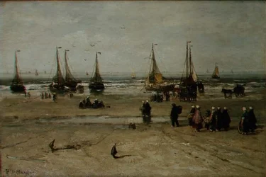 Kustlandskap med fiskefartyg och fiskare
