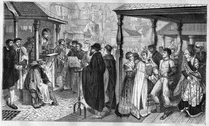 Publiceringen av Karl V:s redigeringar i Antwerpen: 1550 stadgar en lag att alla som är övertygade om kätteri kommer att bli brulee eller begravd levande, eller halshuggen. Gravyr från 1866-1867 baserad på målningen av Baron Henri Leys (1815-1869).