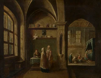 En renässansinteriör med figurer: The Birth of St John, c.1600-49 (olja på koppar)