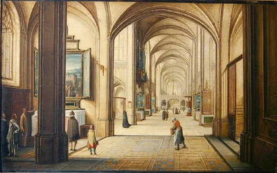 Kyrkans interiör med en sakristian som visar en målning för besökare, 1608 (olja på kartong)