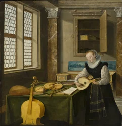 Dame jouant du luth - Lady Playing the Lute, av Steenwyck, Hendrick van, the Younger (1580-1649). Olja på trä. Mått: 65x64 cm. Nationalmuseum Stockholm