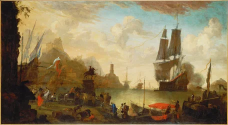 Utsikt över en italiensk hamn (målning på duk)