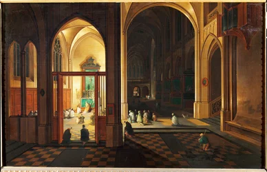 Mässa i en katolsk kyrka. Olja på koppar