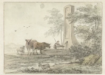 Italienskt landskap med herder och hans boskap och får vid en fontän