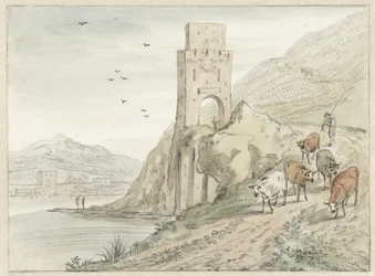 Italienskt flodlandskap med berg och ett porttorn