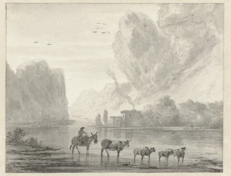 Rocky River Landskap med en herder med sin boskap och får