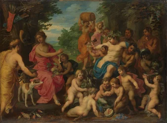 Diana bjuds på vin och frukt av Bacchus och hans följe