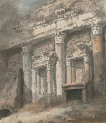 Fasad av förstörda (?) Romerska templet, med kolumner och dörröppning