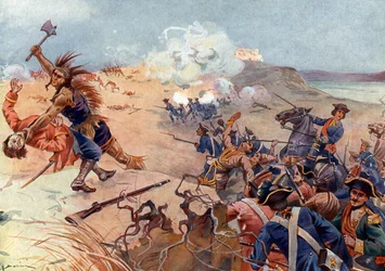 Sjuåriga kriget, erövringskriget (1754-1763): Slaget vid Fort Carillon den 8/07/1758 mellan franska och brittiska trupper allierade med Mohawks vid Ticonderoga, söder om Champlainsjön (New York) (franska och indiska Krig (1754-1763), sjuåriga kriget: den