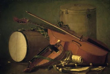 Musikinstrument, trumma, fiol, flöjt och gurdy, av Henri Horace Roland de la Porte (1724-1793). Frankrike
