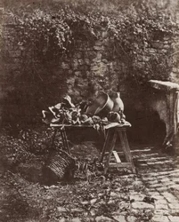 Stilleben: kruka, kanna och grönsaker på ett bord av sågbockar, ca 1852 (foto)