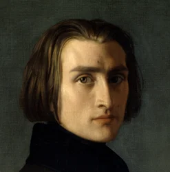 Porträtt av Franz Liszt (1811-1886), ungersk tonsättare och pianist (1839). Detalj av ansiktet. Målning av Henri Lehmann (Karl Ernest (Ernst) Rudolf Heinrich Salem dit) (1814-1882). Paris, Musée Carnavalet.
