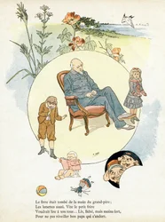 Gravyr i "Alphabet des bons exemples". Jules Levy, redaktör. Illustrationer av Henri Boulanger, a.k.a. Henri Gray. Texter av fru P. Boulanger. Gravyr och tryck av Ch. Gillot, 79 rue Madame, Paris. Omkring 1890. Hitta i varje bild den lysande wor