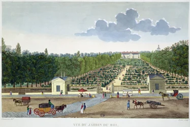 Utsikt över Jardin du Roi i Paris från bron Austerlitz, graverad av Claude Fortier (1775-1835) (färgstick)