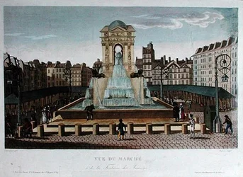 Vy över Marche des Innocents, graverad av Eugene Dubois, ca 1815-20 (färgad gravyr)
