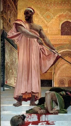 Avrättning utan rättegång under de moriska kungarna. Bödeln klyver den skyldiges huvud. Målning av Henri Regnault (1843-1871), 1870, mått 3,02 x 1,46 m, Paris, Musée d