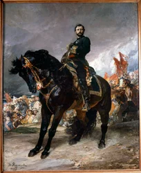 Revolutionen i september (Gloriosa): "" General Juan Prim (1843-1871) rider framför Madrid, i spetsen för den spanska revolutionens uppror den 8 oktober