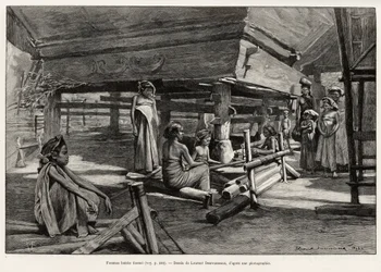 Batak kvinnor, norra Sumatra etnisk grupp, vävning. Gravyr av Laurent Desrousseaux för att illustrera berättelsen "" ett år i Malaysia", av Jules Claine (1856-1939), 1889-1890, i Le tour du Monde 1892, regisserad av Edouard Charton (1807-1891), Hachette, P