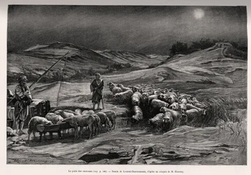 Trailern väl. Gravyr av Laurent Desrousseaux för att illustrera berättelsen "A travers la Perse meridionale", av C.Babin och F.Houssay, 1885, i Le tour du Monde 1892, regisserad av Edouard Charton (1807-1891), Hachette, Paris.