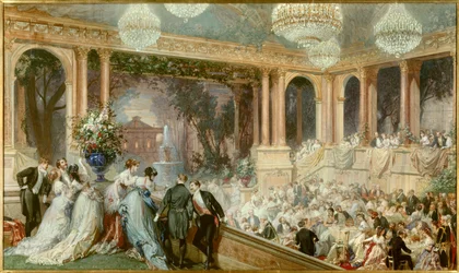 Middag ger till Tuilerierna av Napoleon III. En mottagning under det andra imperiet. Akvarell av baron Henri Baron (1816-1885). 1800-talet. Compiegne, Musee National Du Chateau