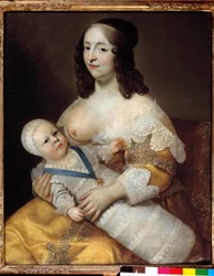 Representation av den blivande kung Ludvig XIV (1638-1715) baby, i baddräkt i armarna på sin sjuksköterska Marie de Longuet de la Giraudiere Kvinnans bröst är upptäckt och redo att amma barnet. Målning av Charles (1604-1692) och Henri (1603-1677)
