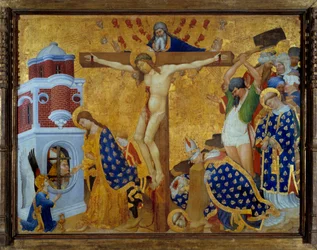 Altartavla av Saint Denis (finish 1416) för kyrkan Chartreuse av Champmol Scen för korsfästelse och dekollering av Saint Denis av Paris - Målning på trä transponerad på duk av Henri Bellechose (1380-1440) 1416 Sön 1,32x2,11 m