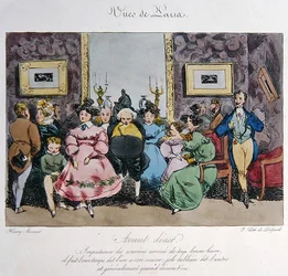 Humoristisk skildring av gästernas beteende och samtal före middagen, graverad av Francois Seraphin Delpech (1778-1825) (litho i färg)