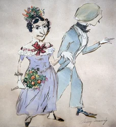 Par med bukett". Akvarell av Henri Monnier (1805-1877) fransk serietecknare. Man Kvinna