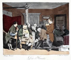 Tio timmar, illustration från "Moeurs Administratives, Dessinées enligt naturen" av Henri Monnier, litografi av Delpech, pub. Paris, ca 1828 (handfärgad litho)