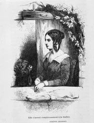 Eugénie Grandet vid hennes fönster - i "" Eugénie Grandet"" av Balzac, ill. Henri Monnier, originalupplagan 1843