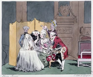 Toaletten (frisörscenen) på 1700-talet - i "" Förr och idag"" av Henri Monnier, red. Delpech, Paris