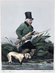 Man på jakt med sin hund: "" Alla tar sitt nöje där han hittar honom"" - i "" Les pastemps"" av Henri Monnier, red. Delpech, Paris