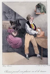Man som föder upp fåglar medan hans fru är otrogen mot honom: "" Alla tar hans nöje eller så hittar han honom"" - i "" Les pastemps"" av Henry Monnier, red. Delpech, Paris, v.1830