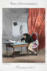 Supernumerary, illustration från "Mores Administratives, Dessinées enligt naturen" av Henri Monnier, litografi av Delpech, pub. Paris, ca 1828 (handfärgad litho)