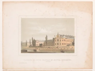 Utsikt över kasernen i Klein Kasteeltje och det nya lagret i Bryssel Caserne du petit chateau et nouvel entrepôt, a Bruxelles (titel på objekt)