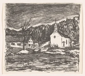 Kuperat landskap med kyrkan Starnberger See (originaltitel)