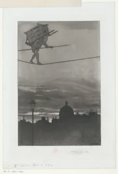 Spännbandsrullator med paket på ryggen över en stad Titelsida för: Henri Béraldi, Les Graveurs du XIXe siècle (...), 1888