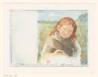 Flicka med korg i en blomsteräng