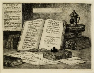 Bouquins et lanterne (Böcker och lykta), 1880 (etsning, torrnål)